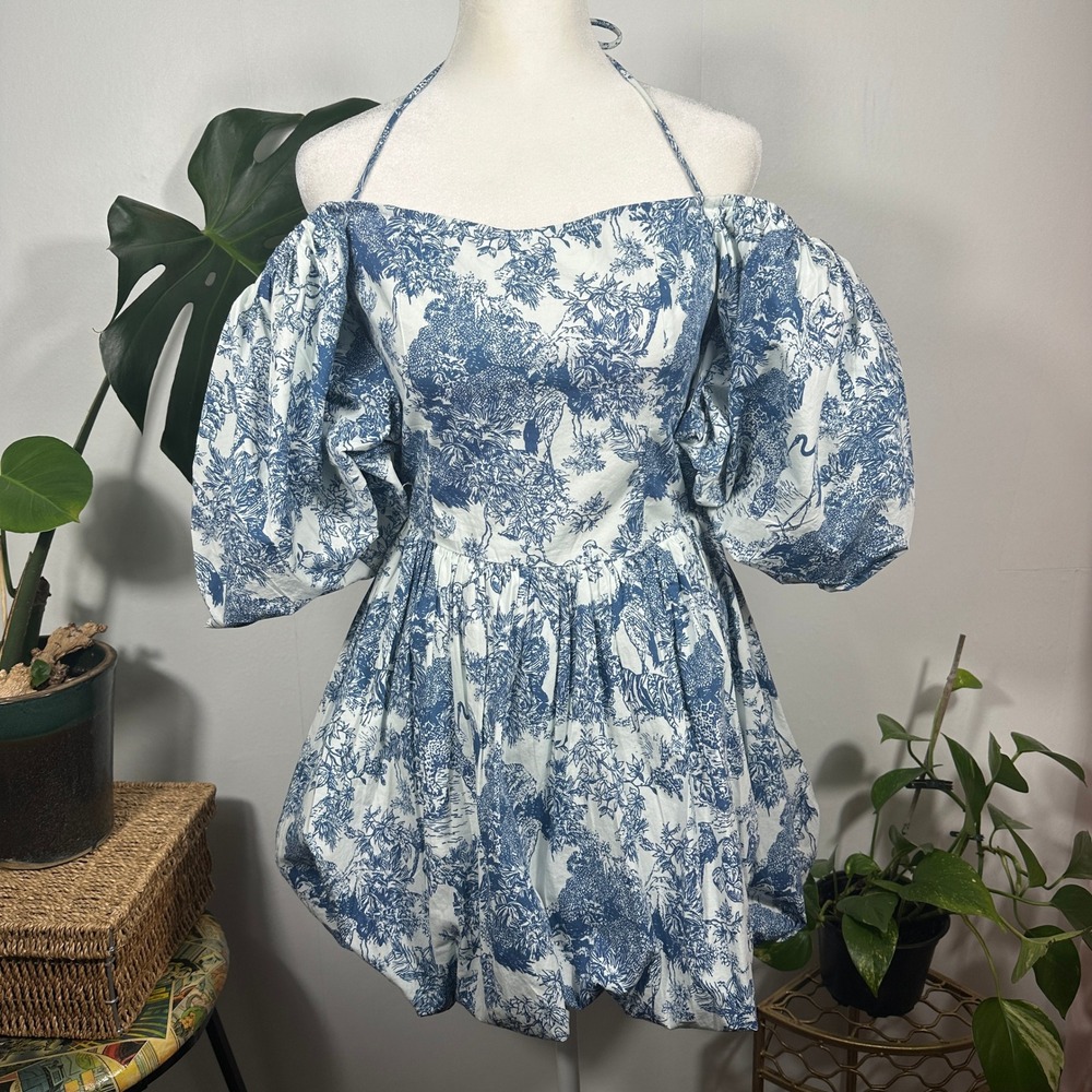 Luna Skies Blue White‎ Toile Puff Sleeve Bubble Hem Mini Dress S